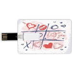 64G USB Flash Drives Credit Card Shape Valentines Day Decor Memory Stick Bank Card Style Xoxo Game with Lips Sketchy Circles Hearts Romantic Love Theme,Blue Red and White Waterproof Pen Thumb Lovely J