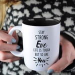 eBuyGB Personalised White Reveal Coffee Cup, Stay Strong Mug, Life is Tough But So are You', 350ml Ceramic Mug, Inspirational Quote - Custom Name (Black)