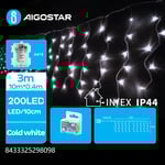 10m kallvit batteridriven istapp flat ljusslinga - 200 LED, 50 rader, 8 ljusspel, IP44, transparent kabel