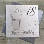 White Cotton Cards WBS18–S, Fils de 18 Ans Motif Seau à Champagne Inscription Happy Birthday 18 Carte d'anniversaire Faite à la Main Blanc