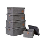 LOVE IT STORE IT - Lot de 5 Boîtes de Rangement Pliables en Tissu Lin avec Couvercle, Poignées en Cuir, Renforcées en Bois - Gris Chiné