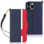 Fyy iPhone 12 Pro Max Case, Premium PU Leather Ultra Slim Flip Phone Case Protective Shockproof Cover with Card Holder Hand Strap for Apple iPhone 12 Pro Max 6.7" (2020) Navy+Red