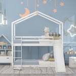 Lit cabane enfant lit superposé bas avec toboggan, cadre de lit superposé en bois massif avec sommier à lattes 90 x 200 cm, blanc - Homavo