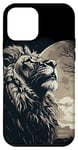 Coque pour iPhone 12 mini noir blanc lion regardant vers le ciel nuit lune safari arbres