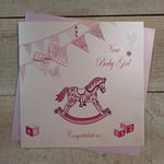 white cotton cards Girl Congratulations, Handmade New Baby Card (Pink, Rocking Horse & Bunting)