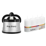 AnySharp Knife Sharpener, Hands-Free Safety, PowerGrip Suction, Safely Sharpens All Kitchen Knives & Bolsius Pillar Candles - White - Pack of 4 - Long Burning Time of 20 Hours - Household