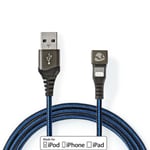 Nedis USB-kabel | USB 2.0 | Apple Lightning 8-pin | USB-A Han | 12 W | 480 Mbps | Nikkelplateret | 1.00 m | Runde | Flettet / Nylon | Blå / Sort | Cover Window Box