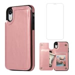 Asuwish Compatible with iPhone XR Wallet Case Tempered Glass Screen Protector Card Holder Stand Cell Accessories Cover Phone Cases for iPhoneXR iPhone10R i Phonex 10XR 10R 10 R RX iPhoneXRcases Pink
