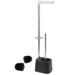 bremermann 3-in-1 Toilet Brush Set Including Roll Holder, Toilet Brush and Replacement Roll Holder Rustproof Stainless Steel Including 2 Replacement Brush Heads Toilet Stand (Black)