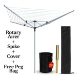 4 Arm Garden 50m Rotary Airer Clothes Dryer Washing Line W/ Ground Spike & Cover