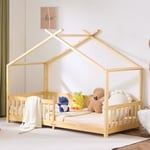 LEADZM Lit cabane Enfant 90x200 cm, sommier à Lattes, barrières de sécurité Bois en pin Forme de Maison Lit au Sol Montessori pour Enfants (Naturel, 90x200cm)