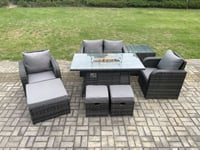 Rattan Garden Furniture Set Outdoor Patio Gas Fire Pit Dining Table and Chairs with 3 Footstools