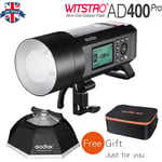 UK Godox AD400Pro 400Ws 2.4G X System TTL Flash light +Carry Case+120cm softbox