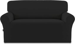 Easy-Going Fleece Stretch Sofa Slipcover Spandex Non-Slip Soft Couch Cover, Washable Furniture Protector with Anti-Skid Foam and Elastic Bottom for Kids, Pets(Loveseat, Black)
