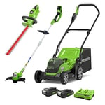 Greenworks 2X24V 36 cm Mower,24V Trimmer,24V Cordless Hedge Trimmer Combo Kit Include 2X2Ah Battery and Dual Slot Charger