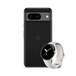 Google Pixel 8 – Unlocked Android smartphone with advanced Pixel Camera, 24-hour battery and powerful security – Obsidian, 256GB Smartwatch, Silver with Chalk Strap