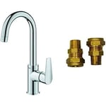 GROHE Start Edge & UK Adaptors - Wash Basin Mixer Tap with Plastic Pop-Up Waste Set (Metal Lever, Water Saving Mousseur 5.7 l/min, 28mm ceramic cartridge, Tails 3/8 Inch), Size 159mm, Chrome, 24201001