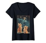 Womens Retro Art Kittens Cat and UFO Cute Vintage Funny V-Neck T-Shirt