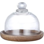 Tårtställ med kupol - Liten genomskinlig glasdessertklocka med serveringsbricka i trä, serveringsplatta, cupcake-display, kupolservering, tårtställ för C