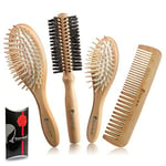 Set brosse cheveux pinceau bois naturel constitué de: brosse pneumatique gros model, brosse pneumatique petite pour pochette, une brosse rouleau à poils de diamètre 57 mm, peigne.