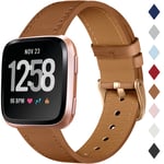 CeMiKa Leather Strap Compatible with Fitbit Versa Strap/Fitbit Versa 2 Strap, Classic Replacement Leather Straps Compatible with Fitbit Versa/Versa 2/Versa Lite Strap, Brown/Rose Gold