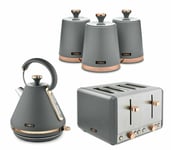 Grey Kettle Toaster Canisters Set Cavaletto 1.7L 3kW Pyramid 4 Slice Tower