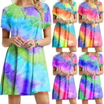Women Tie Dye Baggy Mini Dress Summer Short Sleeve Party Holiday Purple Xl
