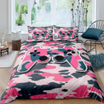 Loussiesd Pink Girly Gamepad Bedding Set Camouflage Gamepad Comforter Cover Set for Kids Girls Youth Gamer Video Game Duvet Cover Double Size Modern Military Style Hidden Bedspread Cover 3Pcs