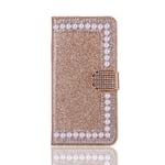 Samsung Galaxy A20e Phone Case, 3D Glitter Gems Peals Sparkle Bling Cover Shock-Absorption Flip PU Leather Protective TPU Bumper with Magnetic Stand Card Holder Slots for Girls Women Golden