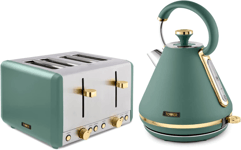Tower Cavaletto 1.7L  Pyramid Kettle & 4Slice Toaster Jade Green & Rose Gold SET