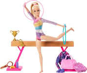 Barbie Gymnastics Doll & Accessories, Playset with Blonde Fashion Doll, C-Clip for Flipping Action, Balance Beam, Warm-Up Suit & More, HRG52