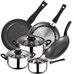 San Ignacio 5-Piece Stainless Steel Cookware with Venus Black Frying Pan Set (20,24,28 mm) Forged Aluminium Suitable for Induction