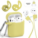 GMYLE AirPods Case Accessories Kit, Silicone Protective Shockproof Wireless Charging Airpod Earbuds Cover Skin with Keychain, Ear Hook, Magnetic Strap Set for Apple AirPod 1 & 2 – Light Yellow