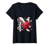 Womens Red Rose Roses Flower Floral Design Monogram Letter N V-Neck T-Shirt