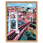 Clifton Suspension Bridge Pink and Teal Cityscape Art Print Framed Poster Wall Decor 12x16 inch