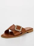 V by Very Wide Fit Cross Strap Flat Sandal - Brown, Brown, Size 4Ee, Women