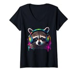 Womens Raccoon Music Headphones Colourful Animal Music Raccoon V-Neck T-Shirt