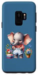 Coque pour Galaxy S9 Bébé éléphant bleu en tenue, fleurs et papillons