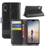 Huawei P20 Lite Plånboksfodral i Äkta Läder, Svart