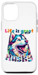 Coque pour iPhone 15 La vie est belle avec un husky sibérien qui aime les chiots colorés