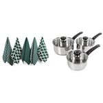Penguin Home Morphy Richards Saucepans Sets With Lids, Stay Cool Handles, Stainless Steel Pan Set, 3 Piece 100% Cotton Tea Towel Set of 5 - Stylish Hunter Green Design - 65 x 45cm