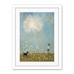 Artery8 Chasing the Giant Dandelion Dream Artwork Giant Wish Oil Painting Kids Bedroom Child and Pet Dog in Daisy Field Artwork Framed Wall Art Print 18X24 Inch