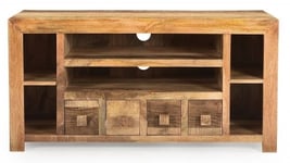 Dakota Mango Wood TV Unit, Indian Light Natural Rustic Finish, Medium Cabinet 110cm, Stand Upto 43in Plasma TV - 4 Drawer