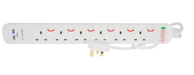 SWITCHED 2 METRE 6 GANG EXTENSION LEAD SURGE PROTECTION, NEON INDICATOR & DUAL