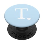 PopSockets White Initial Letter T Heart Monogram On Pastel Light Blue PopSockets PopGrip: Swappable Grip for Phones & Tablets