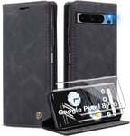 Housse Coque De Protection 3 En 1 Pour Google Pixel 8pro - Étui Flip Magnétique En Cuir Pu Avec Support Intégré, Double Verre Trempé Antichoc, Noir
