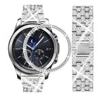 DEALELE Strap Compatible with Samsung Gear S3 Frontier/Classic/Galaxy Watch 46mm, 22mm Rhinestone Diamond Metal Steel Bracelet with Watch Face Bezel Ring Cover Replacement for Women Men, Silver