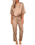 Ekouaer Satin Pyjama Femme Pyjama Set Femme Soie Nuit Pjs Sets Sleepwear,Chameau,XL