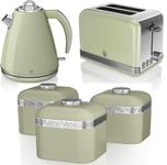 JUG Kettle Toaster  Canisters GREEN 1.5L 3000W 2 slice, Swan Kitchen Retro Set