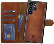 Burkley pour Samsung S22 Ultra avec Porte-Cartes et Béquille - Vintage Étui en Cuir Galaxy S22 Ultra - Portefeuille de Protection RFID/NFC pour téléphone avec étui arrière Amovible - Marron Vieilli